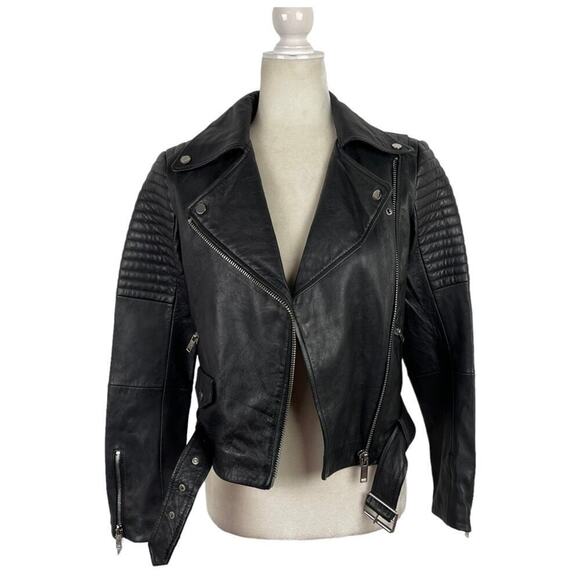 Zara Black Quilted Genuine Sheep Leather Cropped Moto Biker Blogger Jacket XS - Picture 2 of 16